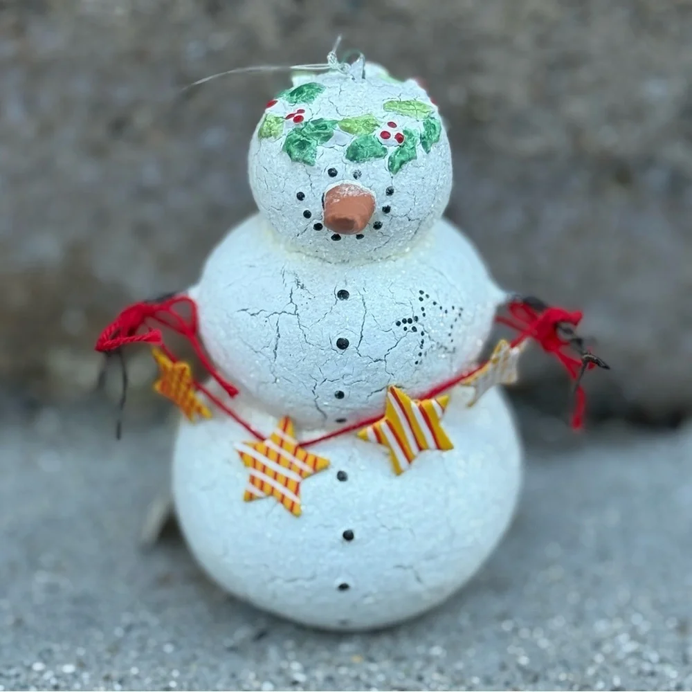 Vintage Dept 56 4” Crackle Glitter Resin Snowman with Holly and Stars